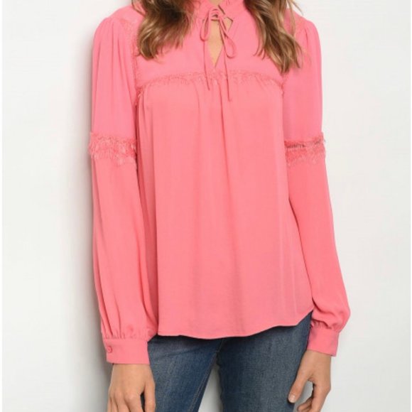 Tops - SOLD Coral Long Sleeve Lace Detail Neck Tie Blouse